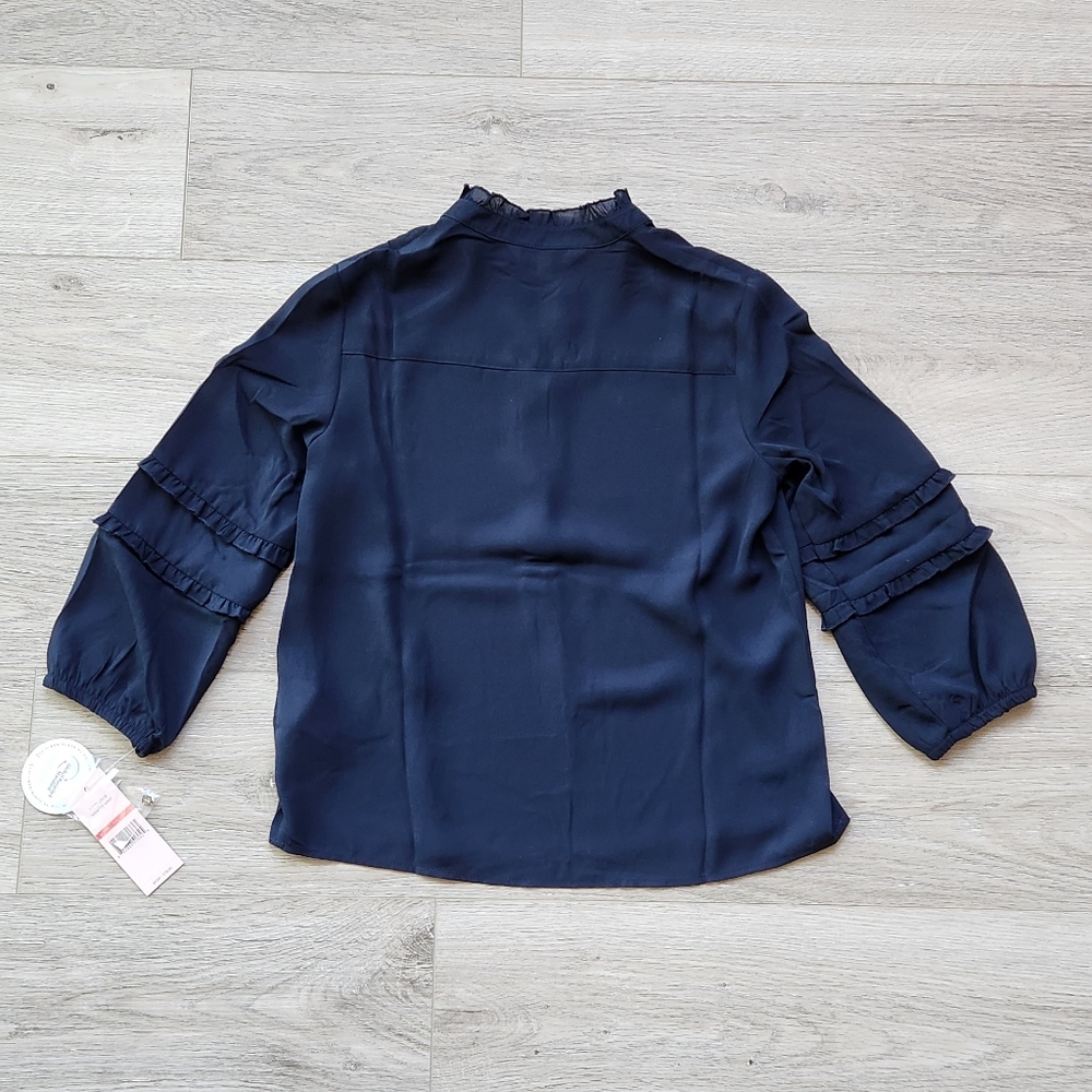 Eco Nanette Lepore Navy Shirt Womens Xs Ruffle Three Quarter Sleeves - Picture 8 of 10